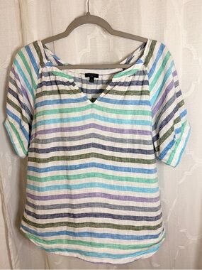 Talbots | Colorful Striped Peasant Linen Top | Petite Small